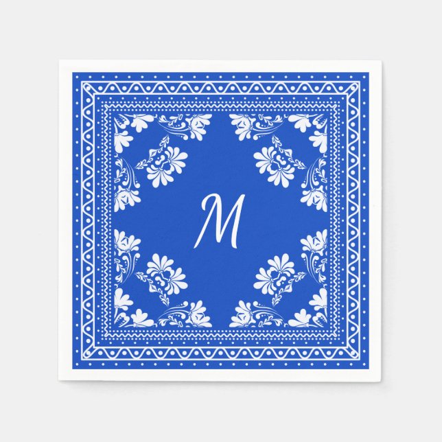 Blaue und weiße Monogramm-Bandana-Muster Serviette (Vorderseite)