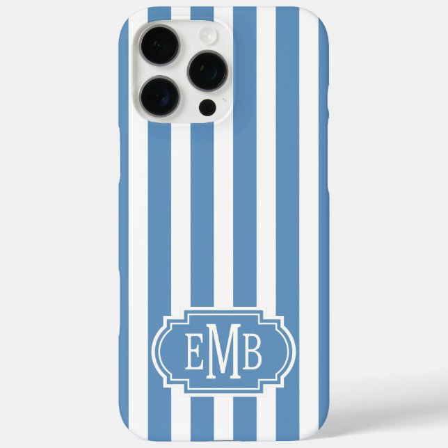 Blaue und weiße monogrammierte Streifen Case-Mate iPhone Hülle (Rückseite)