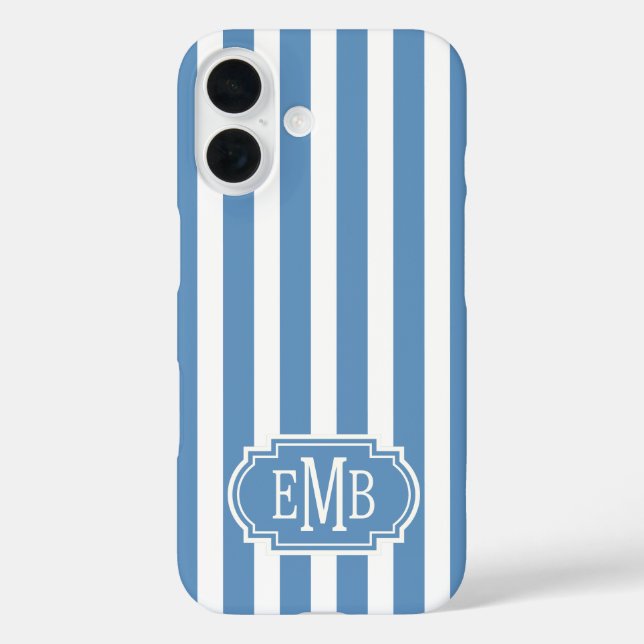 Blaue und weiße monogrammierte Streifen Case-Mate iPhone Hülle (Rückseite)