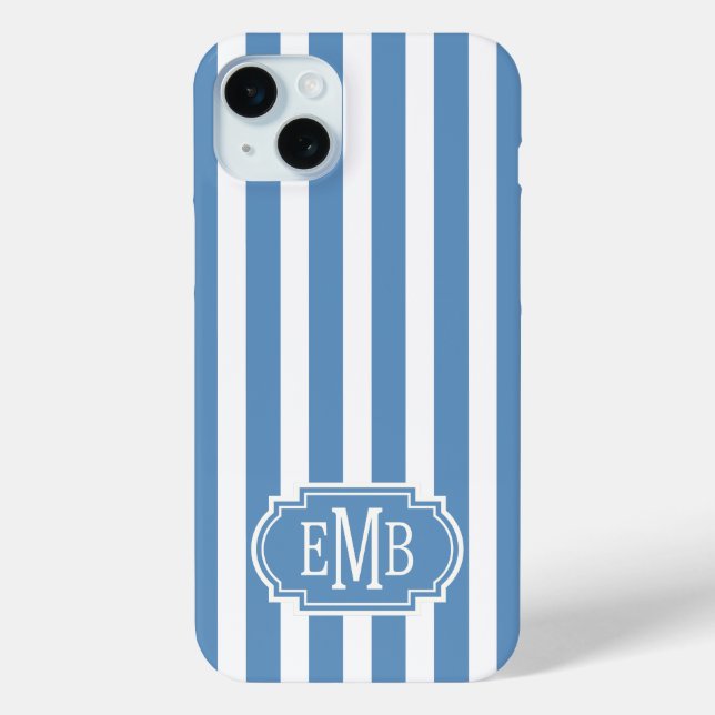Blaue und weiße monogrammierte Streifen Case-Mate iPhone Hülle (Rückseite)