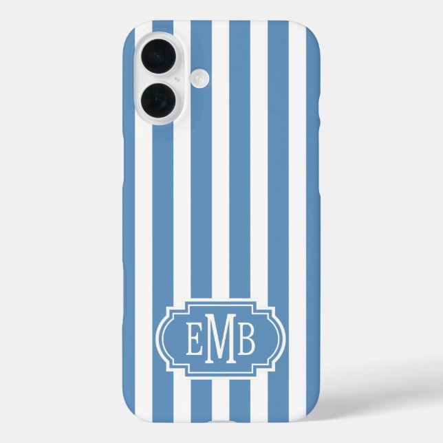 Blaue und weiße monogrammierte Streifen Case-Mate iPhone Hülle (Rückseite)