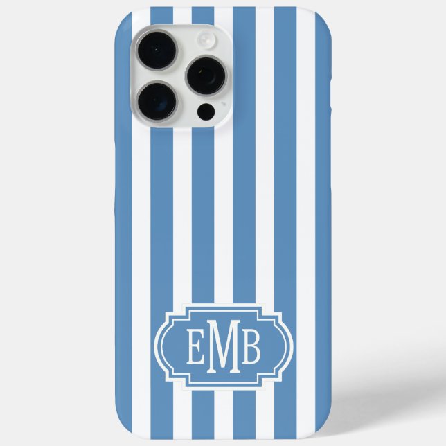 Blaue und weiße monogrammierte Streifen Case-Mate iPhone Hülle (Rückseite)