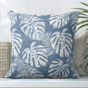 Blaue und weiße Monstera Palm Blätter Kissen