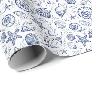 Blaue und weiße Muschel-Seestern-Geschenkpapier Geschenkpapier