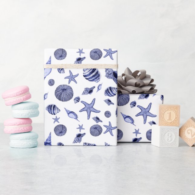 Blaue und weiße Muscheln Geschenkpapier (Babyparty)