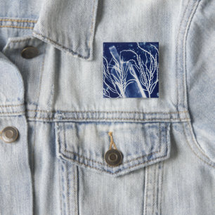 Blaue und weiße Ozeanflaschen-Pinback-Cyanotypie Button