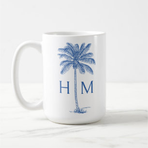 Blaue und weiße Palm-Palmetto-Baum-Monogramm Kaffeetasse