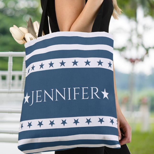 Blaue und weiße Patriotische US Flagge kundenspezi (Blue and White Patriotic Stars and Stripes Custom Tote Bag - Just add your name or special text!)