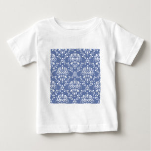 Blaue und weiße Periwinkle-Damaske Baby T-shirt