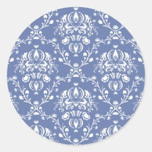 Blaue und weiße Periwinkle-Damaske Runder Aufkleber
