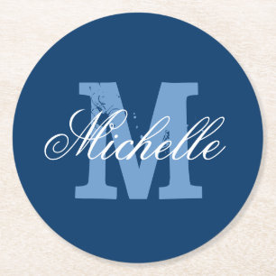 Blaue und weiße personalisierte Monogramm-Papierse Runder Pappuntersetzer
