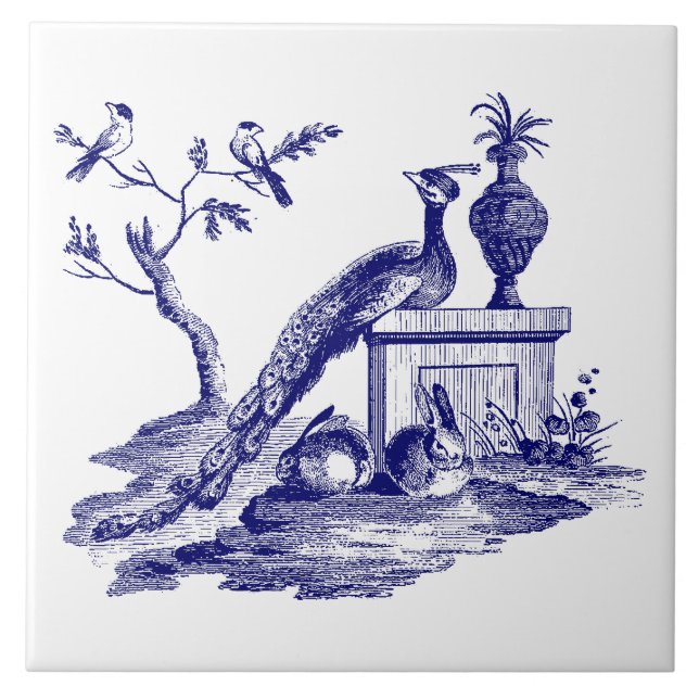 Blaue und weiße Pfaue und Kaninchen Fliese (Vorderseite)