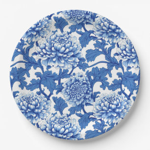 Blaue und Weiße Pfingstrose Chinoiserie-Blumen Pappteller