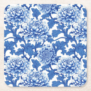 Blaue und weiße Pfingstrose Chinoiserie Blumenmust Rechteckiger Pappuntersetzer