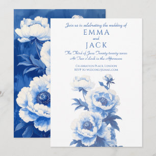 Blaue und weiße Pfingstrosen-Hochzeitseinladung Einladung