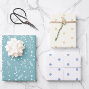 Blaue und weiße Polka-Punkte, blaue Schneeflocken, Geschenkpapier Set