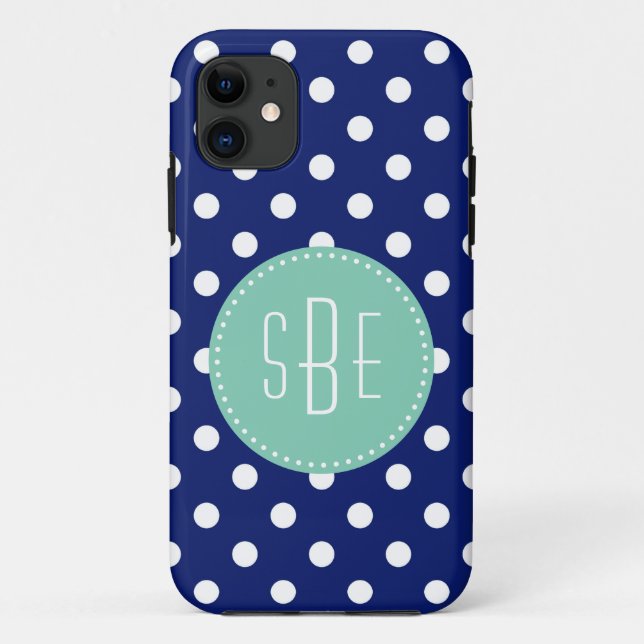 Blaue und weiße Polka-Punkte mit Aqua-Monogramm Case-Mate iPhone Hülle (Rückseite)