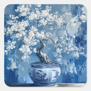 Blaue und weiße Porzellan-China-Chinoiserie-Kirsch Quadratischer Aufkleber