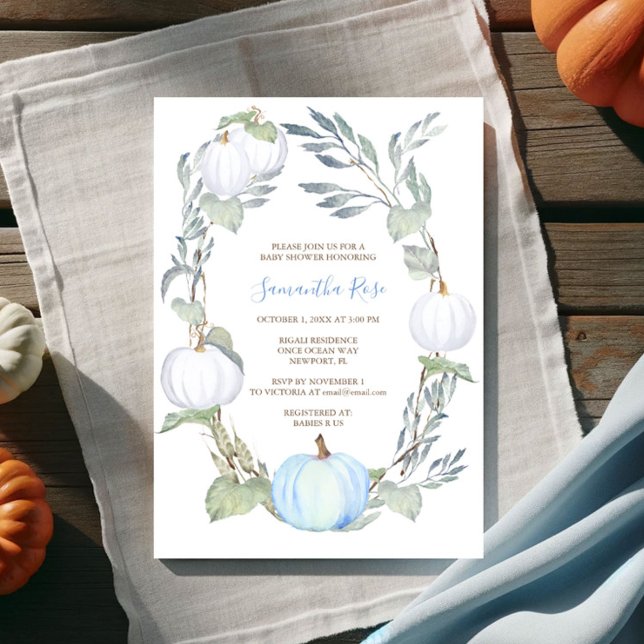Blaue und weiße PUMPKIN Grüne BABY Dusche laden ei Einladung (Pumpkin baby shower blue and white boy fall  watercolor )