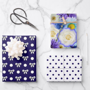 Blaue und weiße Punkte Blumen Collage Geschenkpapier Set