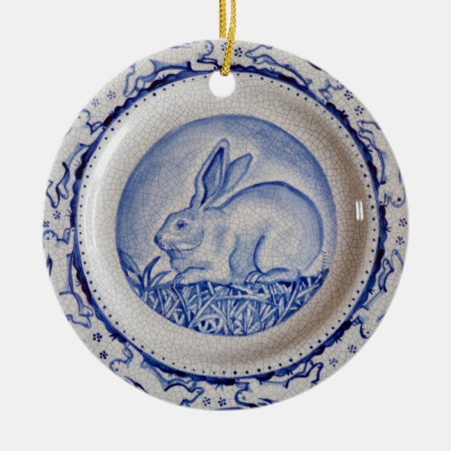 Blaue und weiße Rabbit-Töpfereien, "Dedham Blue" Keramikornament (Vorne)