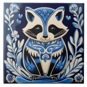 Blaue und weiße Raccoon Folklore Fliese