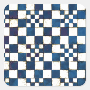 Blaue und weiße rissige Fliesenstruktur Hintergrun Quadratischer Aufkleber