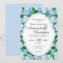 Blaue und weiße Rosenhochzeits-Einladung mit blaue