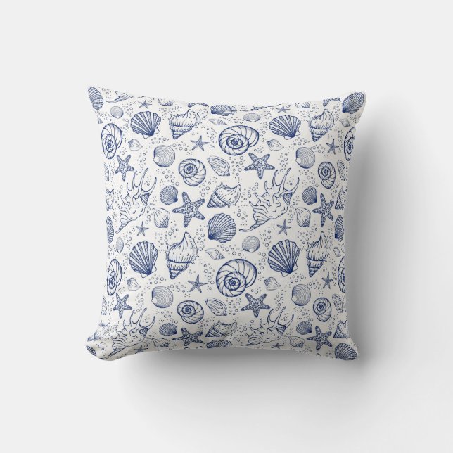 Blaue und weiße Seashell-Starfish-Pillow nautisch Kissen (Vorderseite)