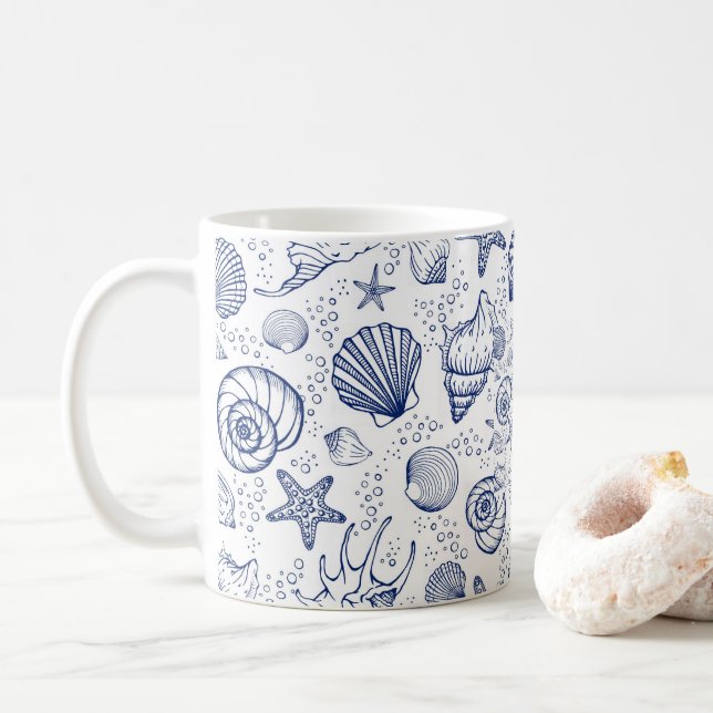 Blaue und weiße Seashell Starfish Tasse (Mit Donut)