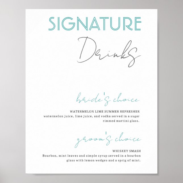 Blaue und weiße Signatur Drinks Hochzeitsposter Ba Poster (Vorne)