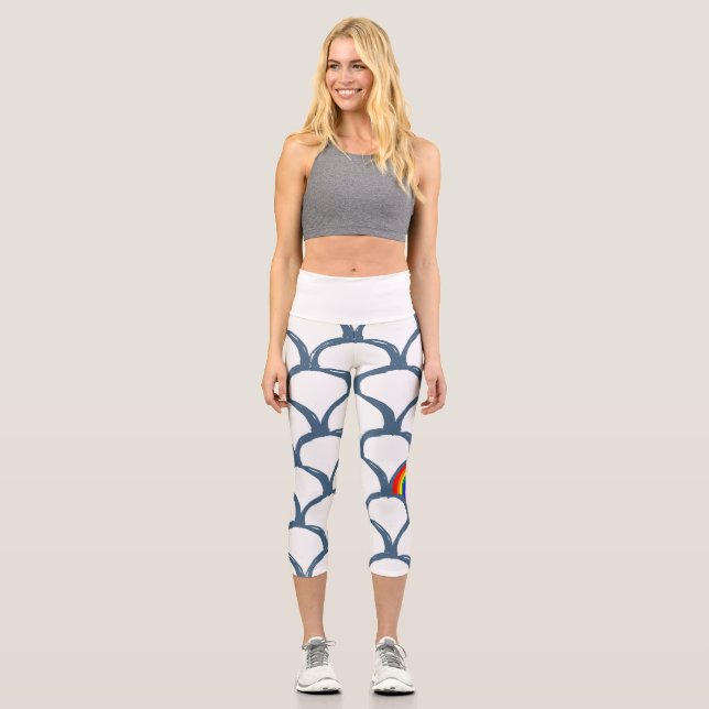 Blaue und weiße Skizze Scallop Muster & Regenbogen Capri Leggings (Vorderseite)