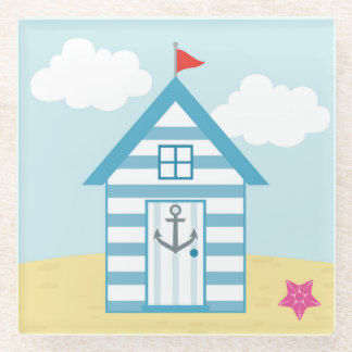 Blaue und weiße Strandhütte Glasuntersetzer