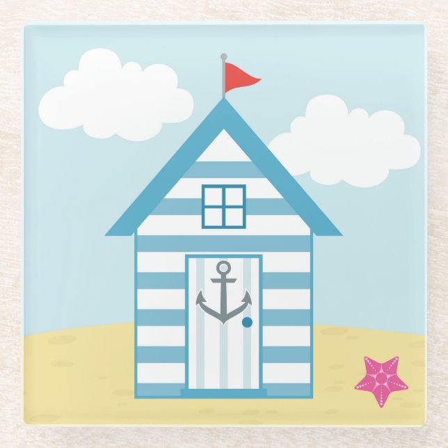 Blaue und weiße Strandhütte Glasuntersetzer (Vorderseite)