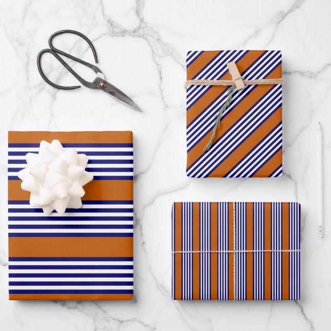 Blaue und weiße Streifen mit verbrannter Orange Geschenkpapier Set (Vorderseite)