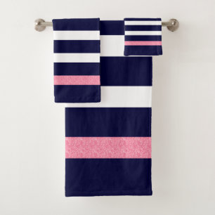 Blaue und weiße Streifen Muster rosa Akzente Badhandtuch Set