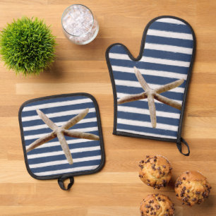Blaue und weiße Streifen Ofenhandschuh & Topflappen-Set