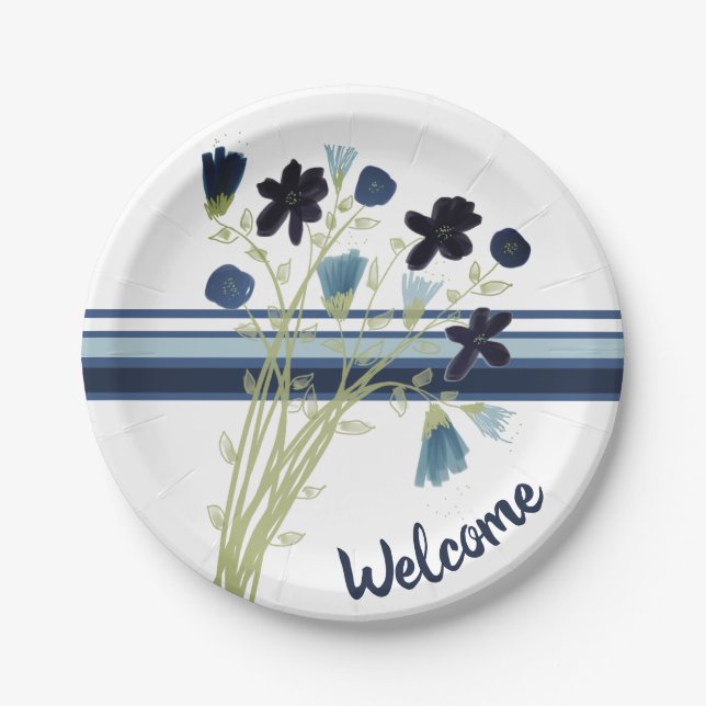 Blaue und weiße Streifen Pappteller (Vorderseite)