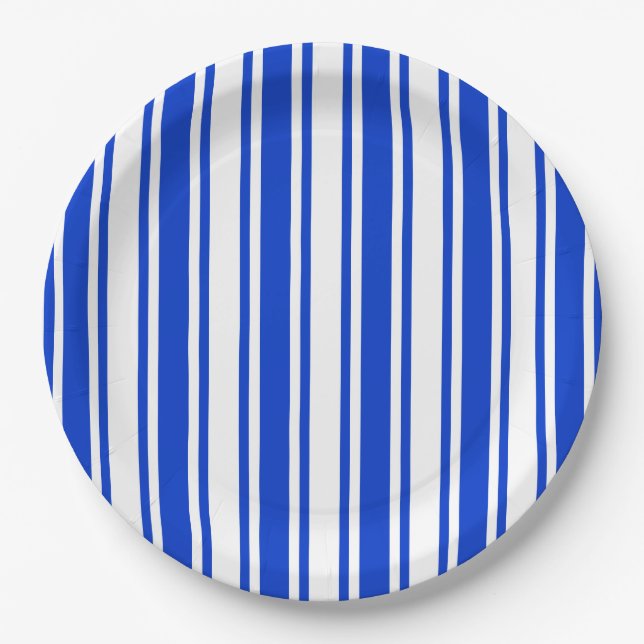 Blaue und weiße Streifen Pappteller (Vorderseite)