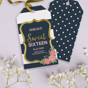 Blaue und weiße Streifen, rosafarbene Rosen Sweet Geschenkanhänger