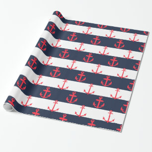 Blaue und weiße Streifen, rotes Anker-Muster Geschenkpapier