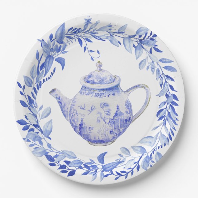 Blaue und weiße Teekanne mit Kranz  Pappteller (Vorderseite)