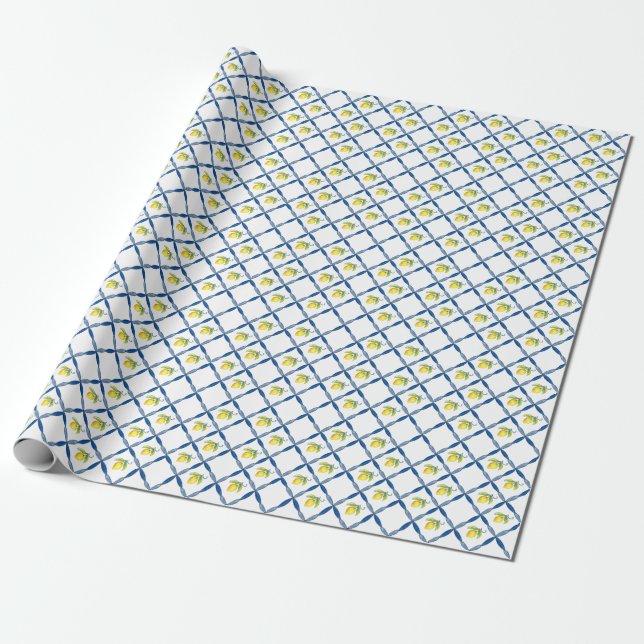 Blaue und weiße Tile mit Zitronen Geschenkpapier (Ungerollt)