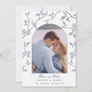 Blaue und weiße Toile-Paarfotos - Save-the-Date-Ka Einladung