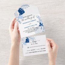 Blaue und weiße tropische Blätter Hochzeit