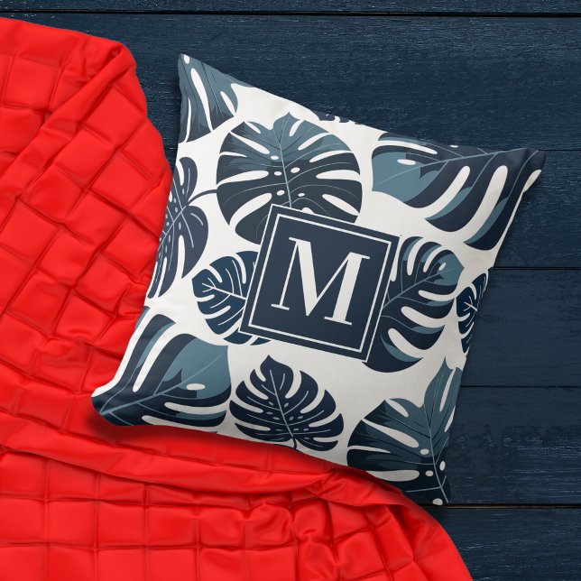 Blaue und weiße tropische Monstera Leaf Kissen (Von Creator hochgeladen)