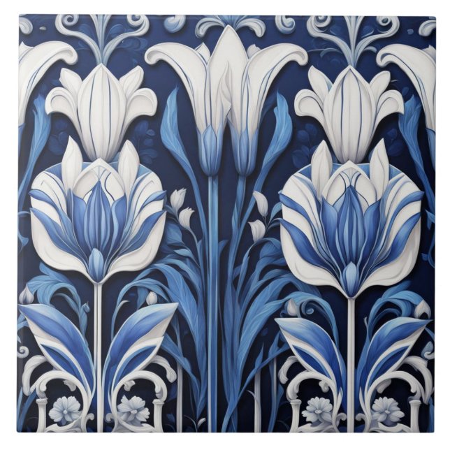 Blaue und weiße Tulips Art Deco Jugendstil Blume Fliese (Vorderseite)