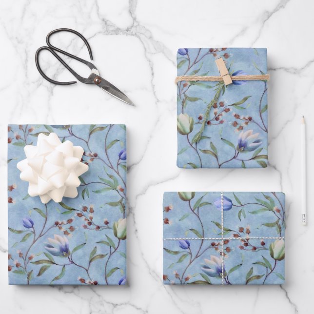 Blaue und weiße Tulips Muster Geschenkpapier Set (Vorderseite)