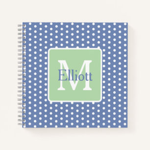 Blaue und weiße Tupfen mit grünem Monogramm Notizbuch