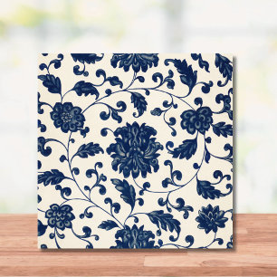 Blaue und weiße Vintage-Chinoiserie-Muster-Blumen Fliese